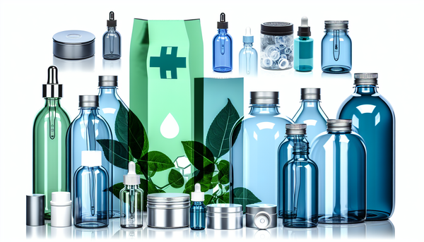A variety of tamper-proof packaging solutions including glass bottles, jars, and dropper assemblies, set against a clean, professional background with healthcare and beauty symbols.