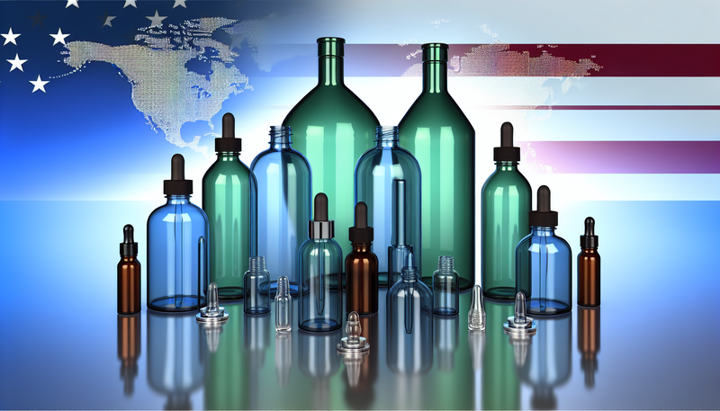 A variety of high-quality glass bottles, including Boston Round Bottles, Euro Round Bottles, and dropper assemblies, arranged aesthetically with subtle U.S. elements.