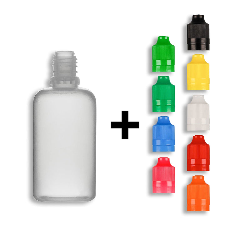 50ml LDPE Boston Round Child Resistant/Tamper Evident Bottles + Caps & Tips SET